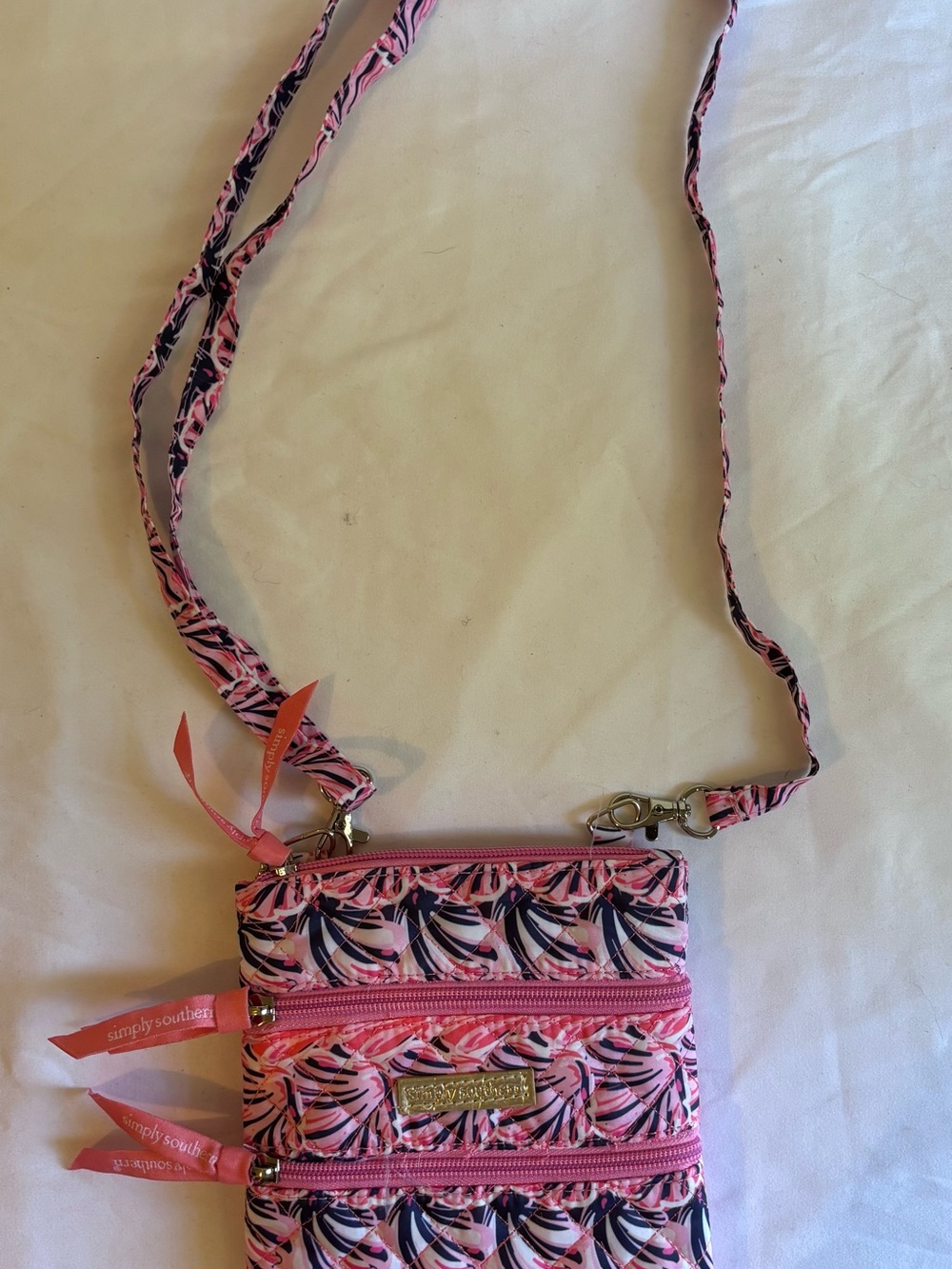 Simply Southern scallop small crossbody w/ a  quilted pink, white & blue pattern
